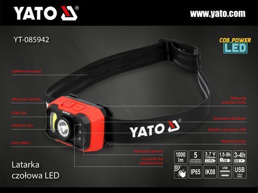Акумуляторний ліхтар налобний з датчиком руху YATO YT-085942