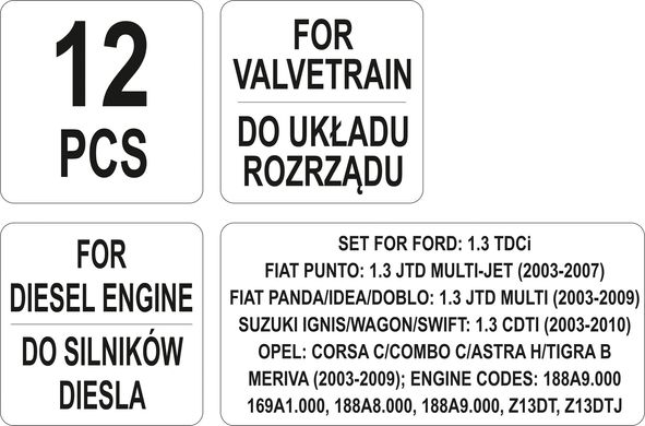Набір для обслуговування двигунів OPEL/SUZUKI/FIAT 12 ел. YATO YT-06003