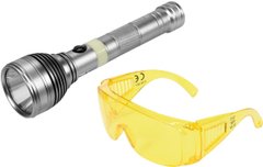 Ультрафіолетовий ліхтарик акумуляторний + комплект окулярів YATO YT-08588