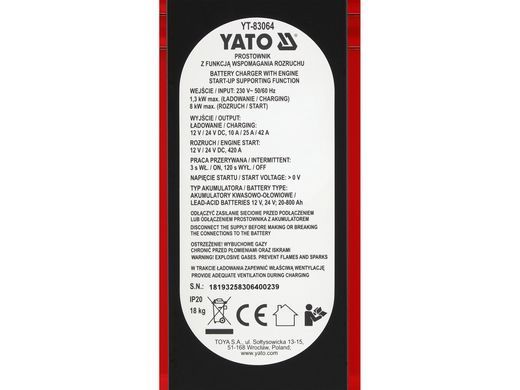 Пуско-зарядное устройство 12/24 В 420 А YATO YT-83064